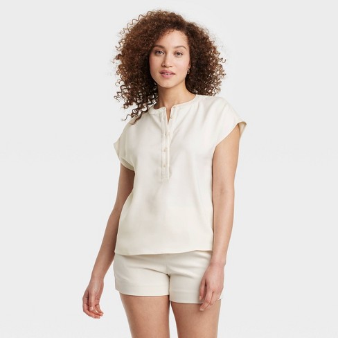 Women's Button Short Sleeve V-neck Blouse - A New Day™ Cream M