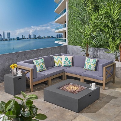 7pc Brava Acacia Patio Sectional Sofa Set With Fire Pit Gray