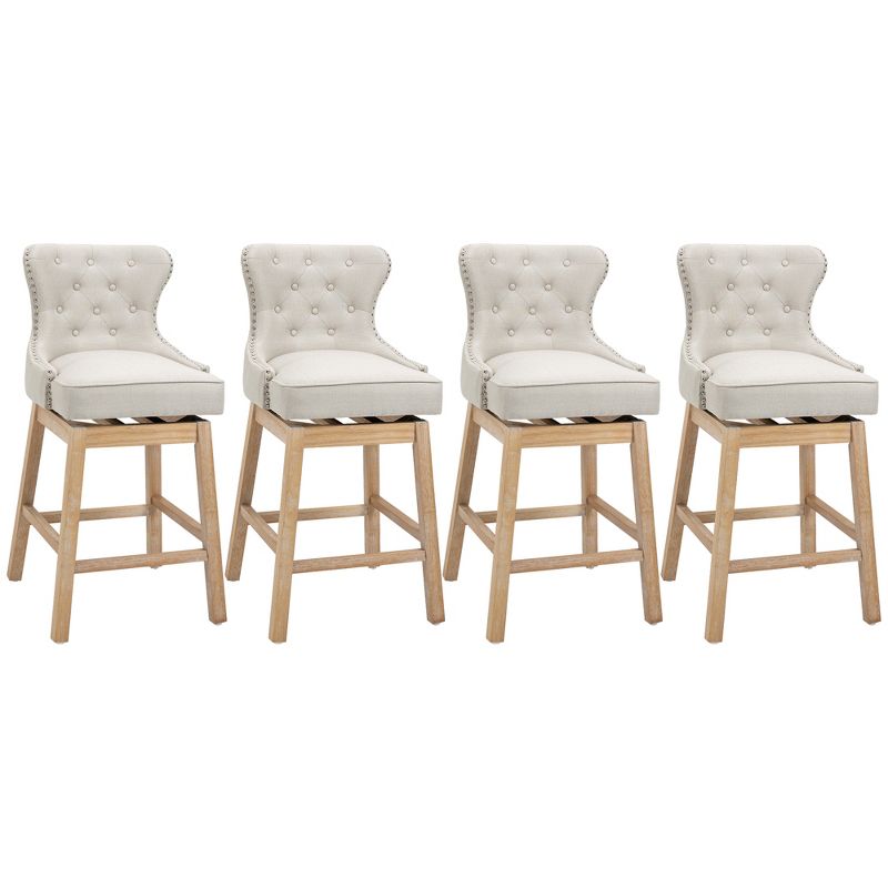 HOMCOM Upholstered Fabric Bar Height Bar Stools Set of 4, 180° Swivel Nailhead-Trim Pub Chairs, 30" Seat Height with Rubber Wood Legs, Cream, 4 of 7
