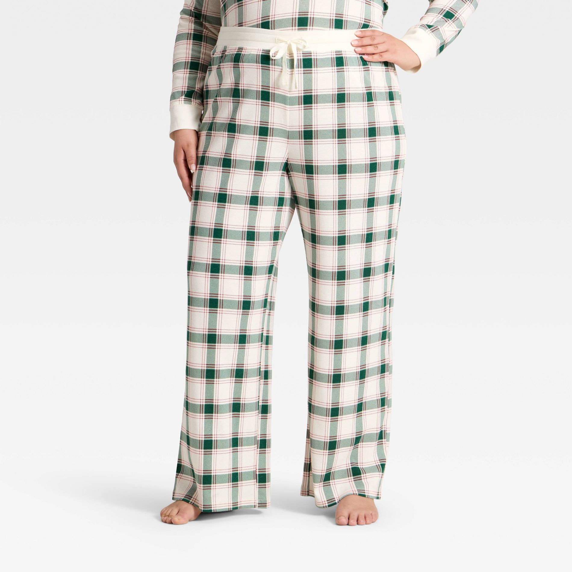 Women's Plaid Ribbed Holiday Matching Family Pajama Pants - Wondershop™ Cream