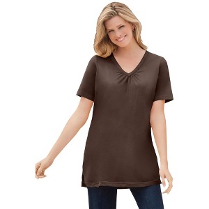 Woman Within Plus Size Perfect Short-Sleeve Shirred V-Neck Tunic - 1 of 4