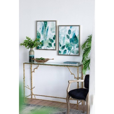 Green and White Acrylic Leaf Print Wall Art Set