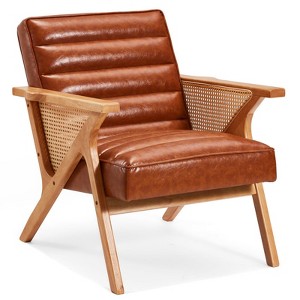 EROMMY Modern Leather Accent Chair Natural Rattan Upholstered Armchair With Solid Wood Frame - 1 of 4