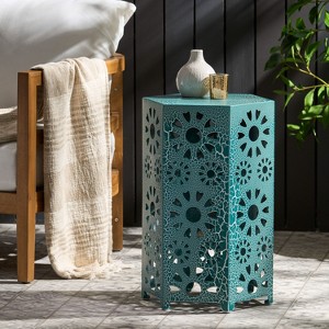 Okak 14" Outdoor Side Table Iron End Table with Sunburst Cut Out Decorative Patio Tables for Porch Yard Balcony Deck Lawn Indoor, Teal - 1 of 4