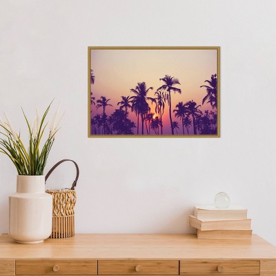 Sunrise Palm Grove Framed Canvas Print in Purple and Gold