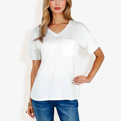 Anna-Kaci Women's Ribbed Knit Top with V-Neck, Short Sleeves, Front Pocket, Loose Fit Casual Blouse