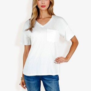 Anna-Kaci Women's Ribbed Knit Top with V-Neck, Front Pocket, Loose Fit Casual Blouse - 1 of 4