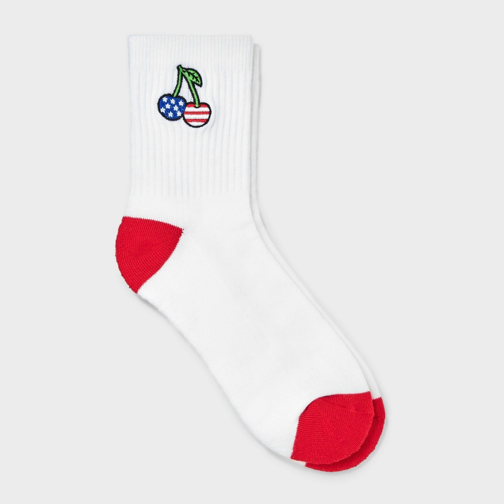 Women's Ribbed Cushioned Embroidered Cherry Short Crew Socks - White/Red/Blue 4-10: Recycled Polyester, Knit