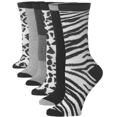 Women's 6-Pairs Monochrome Funky Wild Animal Instincts Patterned Crew Dress Socks