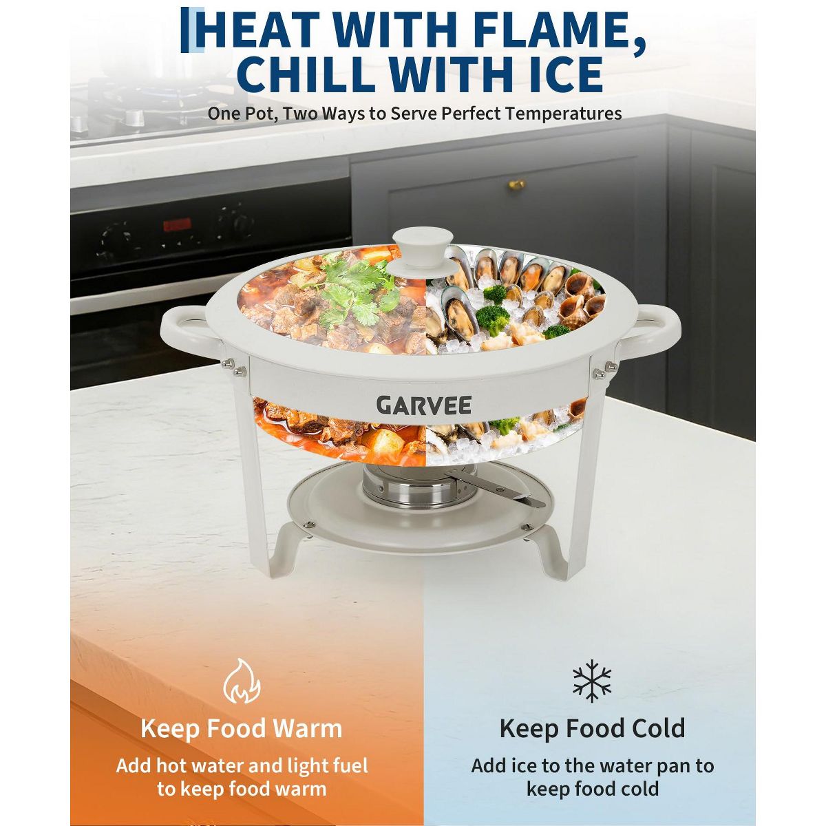 Garvee Chafing Dishes for Buffet 2 Pack, Round Maifanite Coated Food Warmers for Parties, Wedding Buffet Servers with Glass Lids for Catering - thumbnail 5