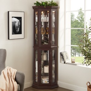 Glass Corner Curio Cabinet with Tempered Glass Doors, Adjustable Shelves and LED Lighting for Living Room, Dining Room, Home Office - 1 of 4