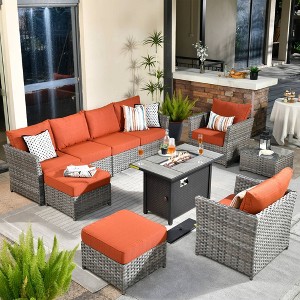 Tenaya 10pc Wicker Outdoor Patio Furniture Set Conversation Sofa with a Metal Fire Pit and Cushions - 1 of 4