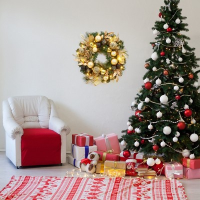 Christmas Wreath with Black and Gold Ball Ornaments, 22 Inch, Christmas Front Door Holiday Decoration