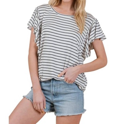 Women's Striped Ruffle Sleeve Top - BOMBOM