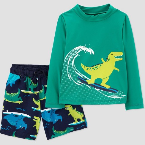 Boys Short Sleeve Rash Guard Dinosaur Swimsuit Set