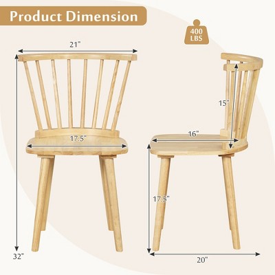 Natural Rubber Wood Windsor Dining Side Chairs with Slat Back, Set of 2