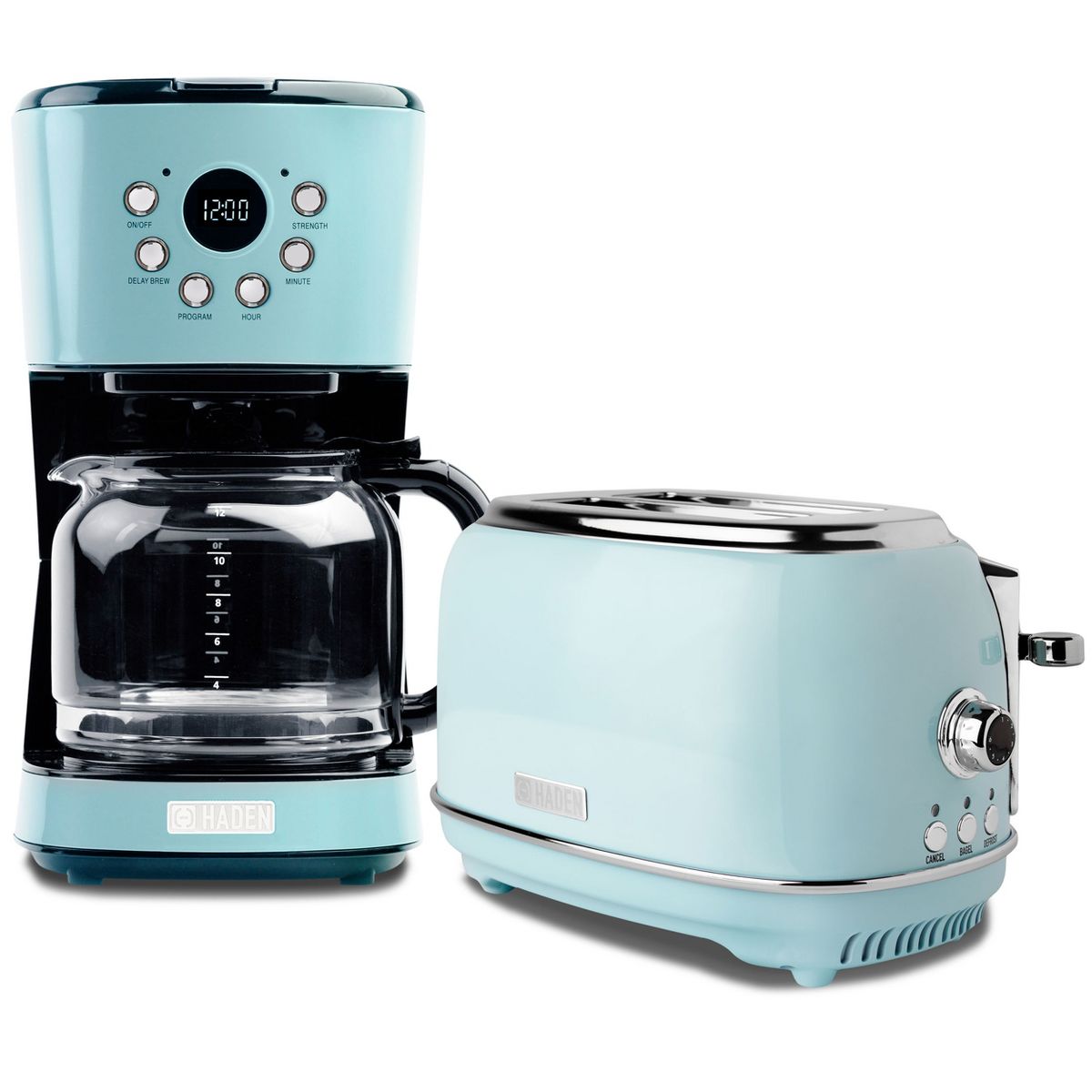 Haden Heritage 12 Cup Programmable Vintage Retro Home Coffee Maker Machine with Heritage 2 Slice Wide Slot Stainless Steel Bread Toaster, Turquoise