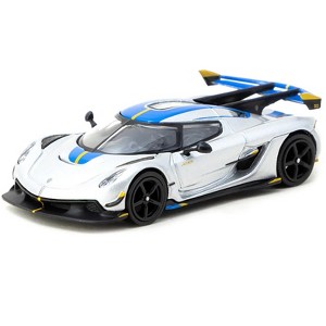 Koenigsegg Jesko Attack Silver Metallic with Blue Stripes "Global64" Series 1/64 Diecast Model by Tarmac Works - 1 of 1