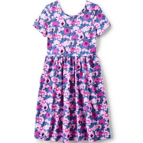 Lands End Kids Short Sleeve Gathered Waist Jersey Dress Large Coronet Blue Floral Target
