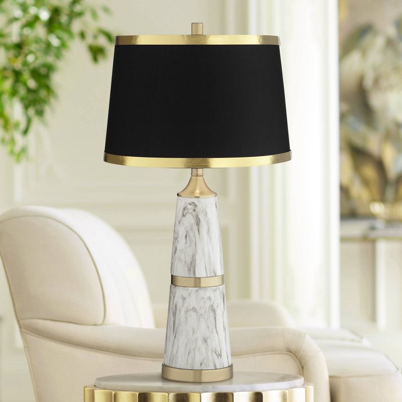 Possini Euro Design Modern Table Lamp 29" Tall White Veins Faux Marble Black Drum Shade for Bedroom Living Room House Home Bedside Nightstand Office, 2 of 6