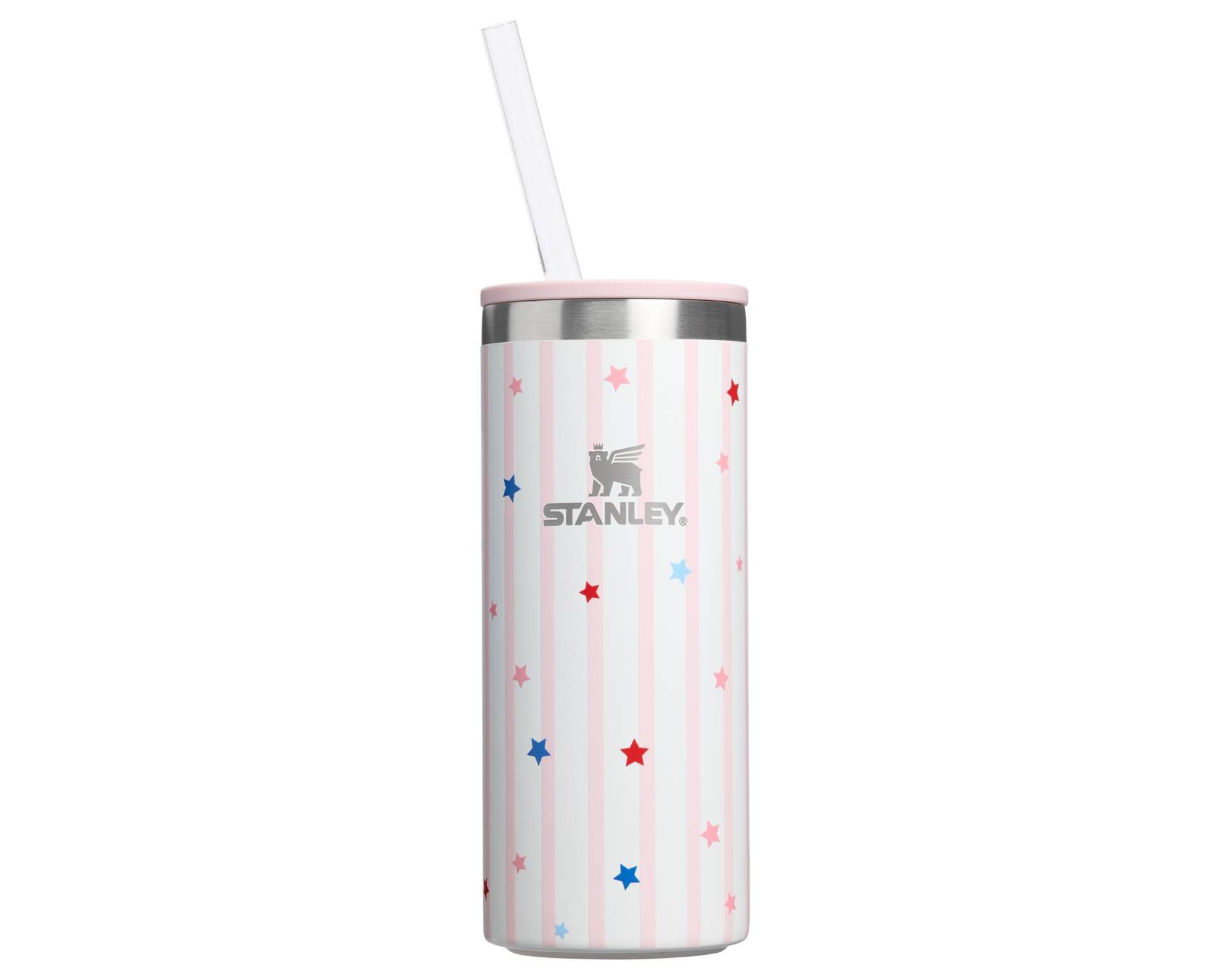 Stanley 10 oz Slim Stainless Steel All-Occasions Can Chiller with Lid and Straw Pink Starry Stripes