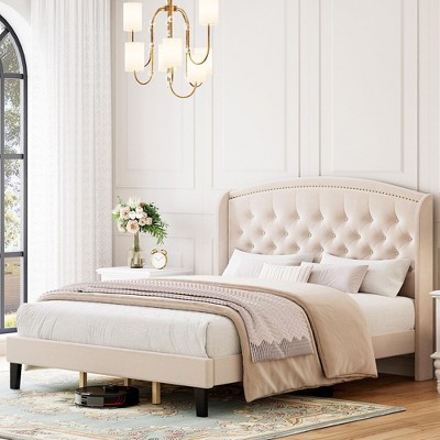 Whizmax Full Size Bed Frame, Upholstered Platform Bed with Wingback  Headboard and Button Tufted Design, Easy Assembly, No Box Spring Needed,  Beige