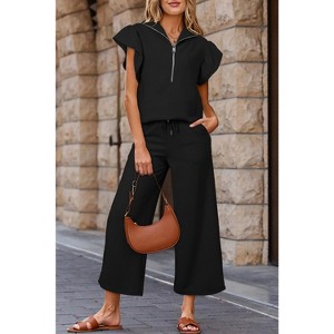 Textured Ruffled Sleeve Zipped Top and Wide Leg Pants Set - 1 of 1