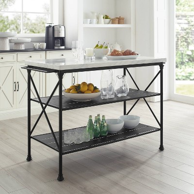 White Faux Marble and Matte Black Steel Kitchen Island Cart