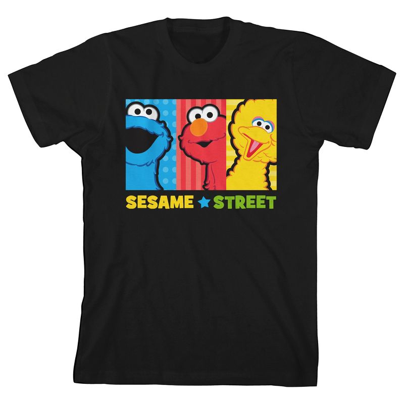 Bioworld Sesame Street Core Character Group Youth Black Tee With Short Sleeves And Crew Neck, 1 of 4