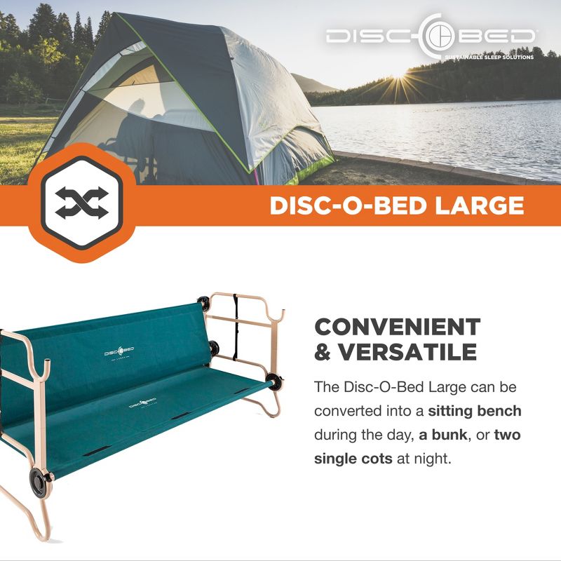 Disc-O-Bed Large Camo-O-Bunk 2 Person Bench Bunked Double Bunk Bed Cots with 2 Side Organizers and Carry Bags for Outdoor Camping Trips, Green, 3 of 7