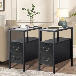 VECELO Wooden Side Table Narrow Nightstand Modern Rectangle Side Table with Tempered Glass & Double-drawer - 1 of 4
