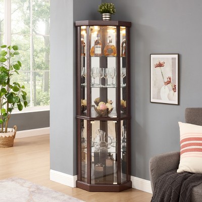 69" H Lighted Corner Curio Cabinet Display Case With Adjustable Shelves, Tempered Glass, Mirrored Back Panel
