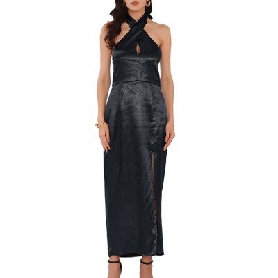 INSPIRE CHIC Women's Backless Split Satin Floral Halter V Neck Party Cocktail Maxi Dress