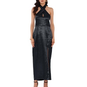 INSPIRE CHIC Women's Backless Split Satin Floral Halter V Neck Party Cocktail Maxi Dress - 1 of 4