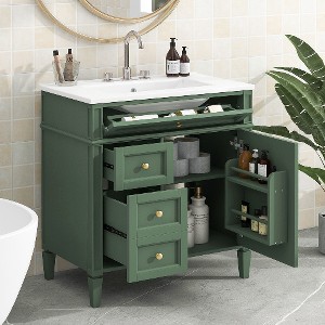 Lyngins Modern Freestanding Vanity with Ceramic Basin, Bathroom Storage Cabinet with 2 Drawers & Tip-out Drawer, Single Sink Bathroom Vanity - 1 of 4