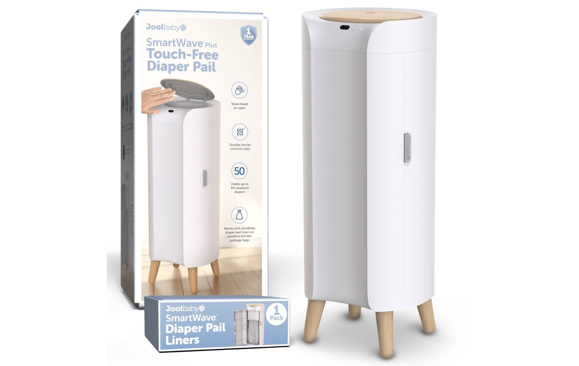 Jool Baby SmartWave Plus Touch-Free Diaper Pail - White
