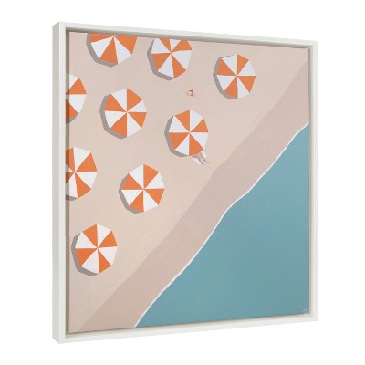 Beachside Umbrellas Coastal Canvas Art in White Frame