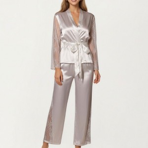 Anna-Kaci Lounge Women's Satin Pajama Set with Lace Sleeve Detail and Matching Tie-Waist Top and Straight-Leg Pants - 1 of 4
