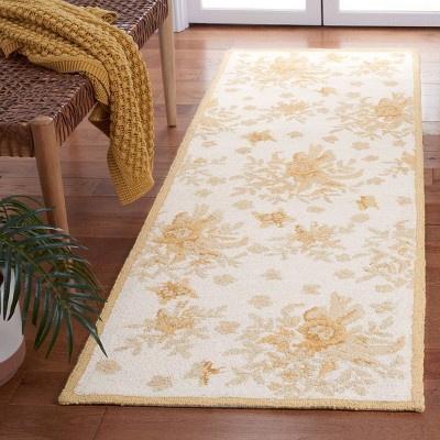 Ivory and Gold Floral Hand-Hooked Wool Area Rug