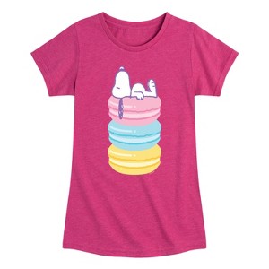 Girls' - Peanuts - Snoopy Stacked Macarons Fitted Short Sleeve Graphic T-Shirt - 1 of 4
