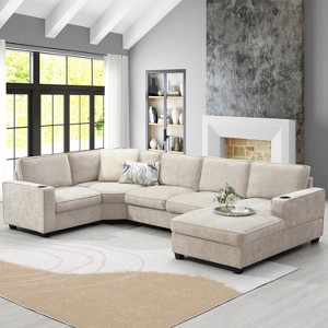 119"W U-Shaped Sectional Sofa, 6-Seat Chenille Couch Set with Oversized Chaise Lounge, Deep Seat Comfy Sofa with Cup Holders - ModernLuxe - 1 of 4