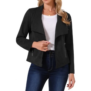 INSPIRE CHIC Women's Faux Suede Fall Winter Long Sleeve Open Front Cropped Jackets Black Medium - 1 of 4