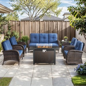 7 Pieces Outdoor Patio Furniture Set with Fire Pit Table, Rattan Wicker Sectional Swivel Rocker Chairs Sets - 1 of 4