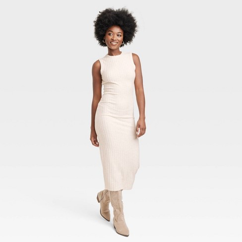 LUSH x Lulus Dress - Heather Beige Midi Dress - Ribbed Knit Dress