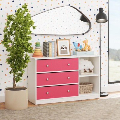 White and Pink 3-Drawer Wide Nursery Dresser
