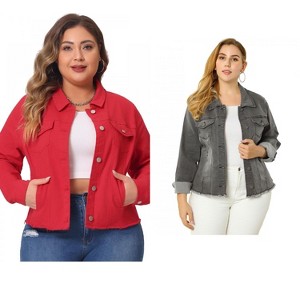Women's Plus Size 2 Pieces Classic Denim Front Frayed Casual Long Sleeve Fashion Jean Jackets - Agnes Orinda - 1 of 4