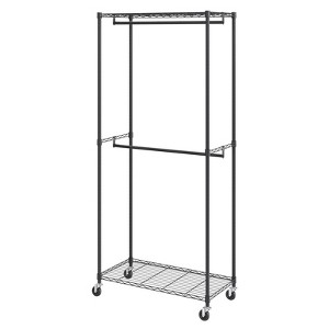 VEVOR Heavy Duty Clothes Rack, Double Hanging Rods Clothing Garment Rack with Bottom and Top Storage Tier, Rolling Clothing Rack for Hanging Clothes - 1 of 4