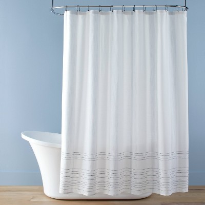 Pinstripe Border Textured Shower Curtain Blue - Hearth & Hand™ with Magnolia