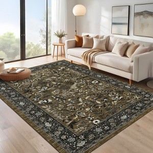 Botanical Area Rugs for Living Room Floral Leaves Pattern Rug Washable Farmhouse Soft Non-Slip Accent Carpet - 1 of 4