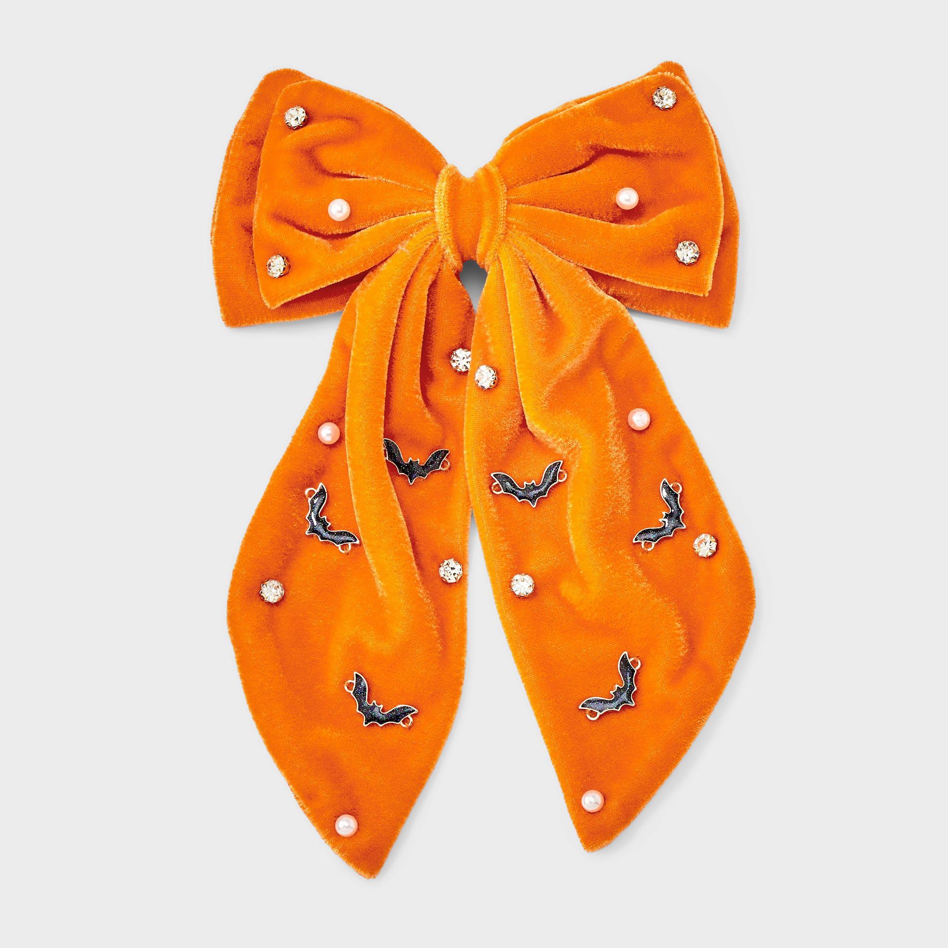 Halloween Pearl & Gem Bat Embellished Hair Bow - Orange